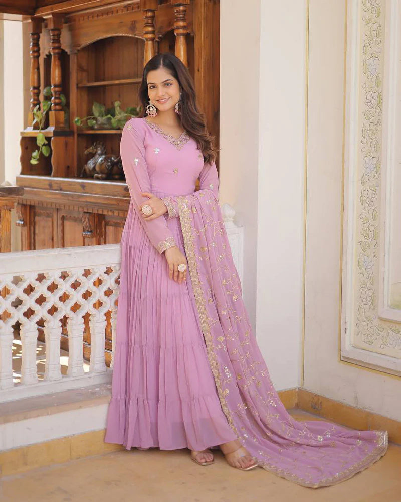 Womenline Laveneder Color Faux Georgette Designer Anarkali Gown With Dupatta