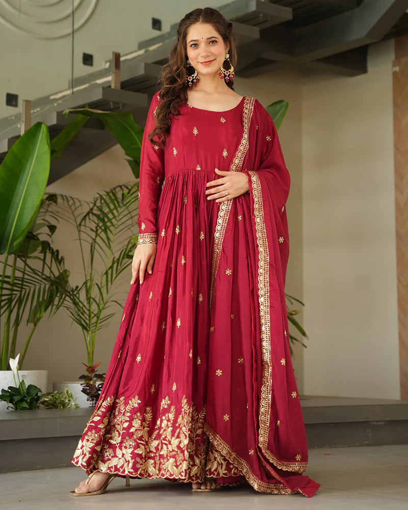 Womenline Red Color Chinnon Sequence Embroidered Gown