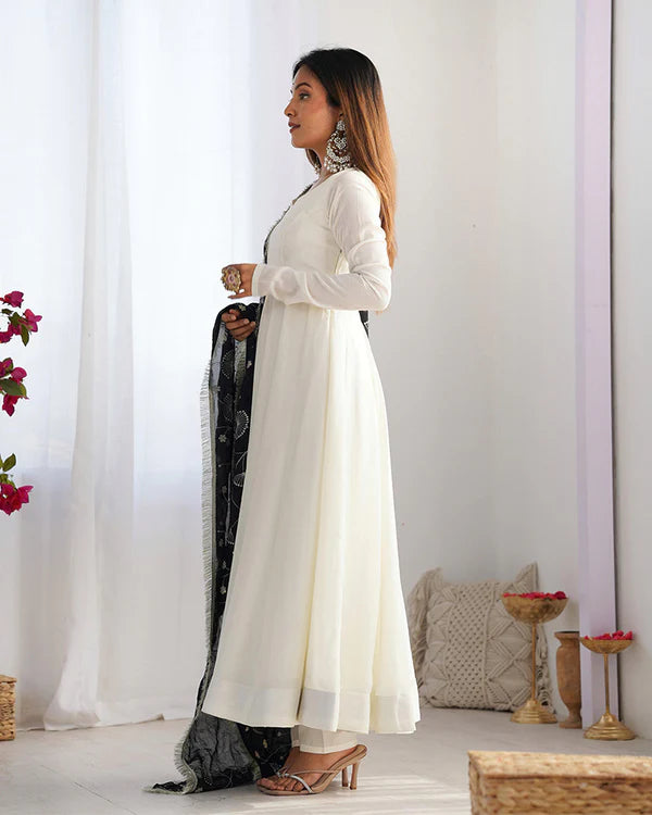 Womenline White Color Soft Vichitra Silk Anarkali With Black Dupatta