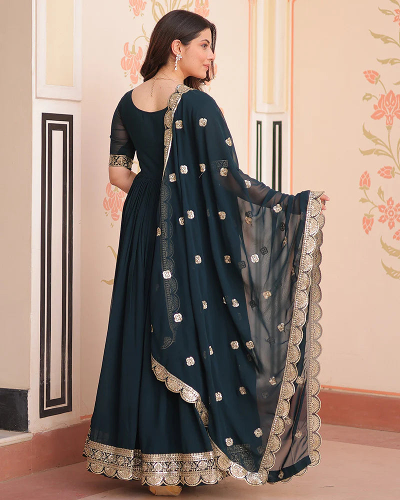 Womenline Designer Rama Blue Anarkali Gown with Golden Embroidery