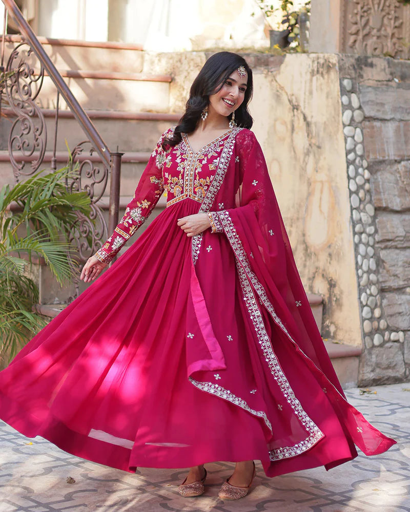 Womenline Rani Pink Color Faux Blooming Zari Embroidered Work Gown