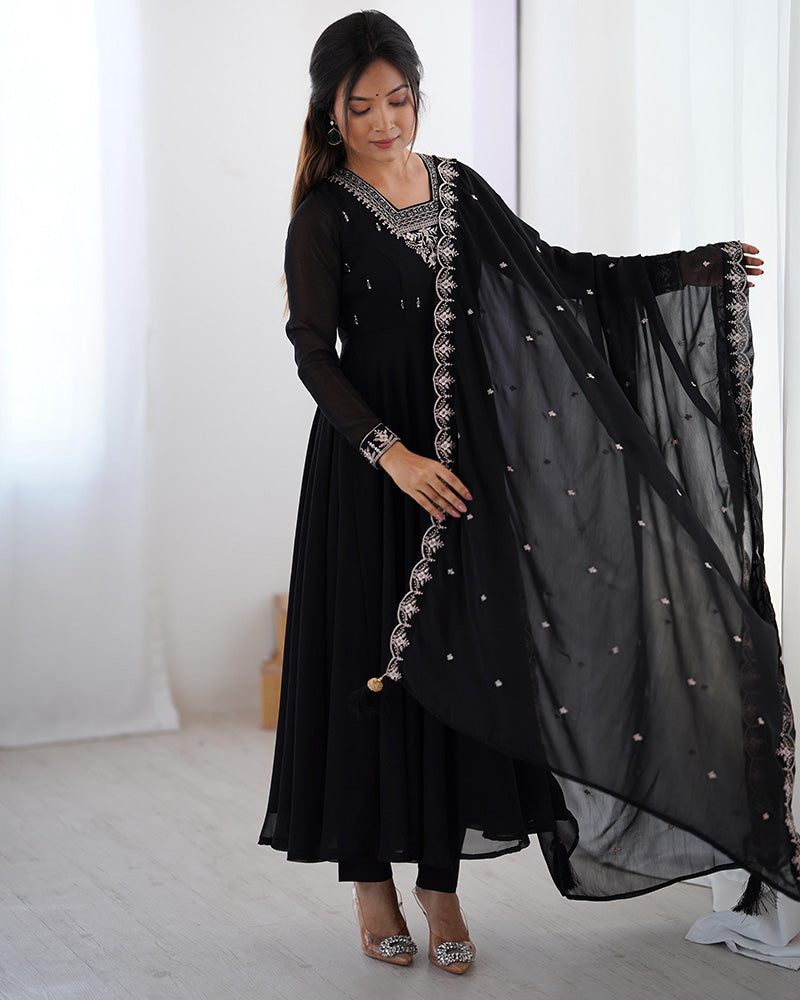 Womenline Black Color Georgette Embroidered Three Piece Anarkali Suit