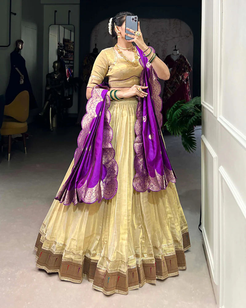 Womenline Cream Color Erode Paithani Silk Lehenga Choli