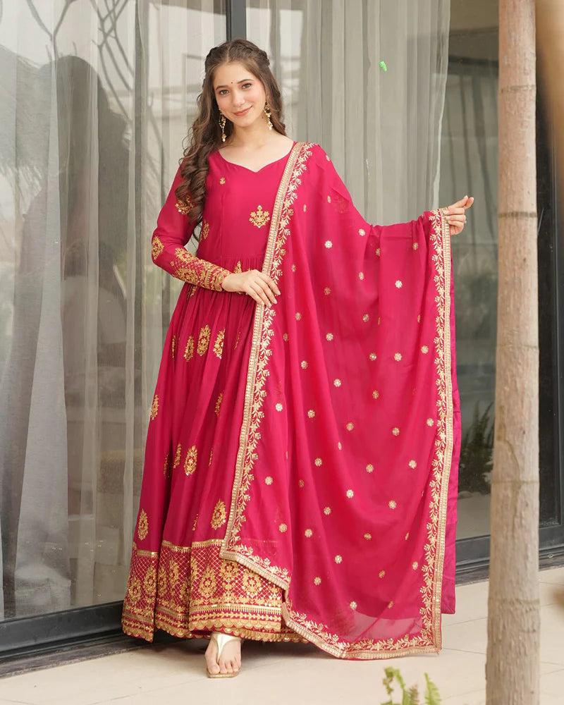 Womenline Rani Pink Color Star Georgette Sequence Embroidered Gown