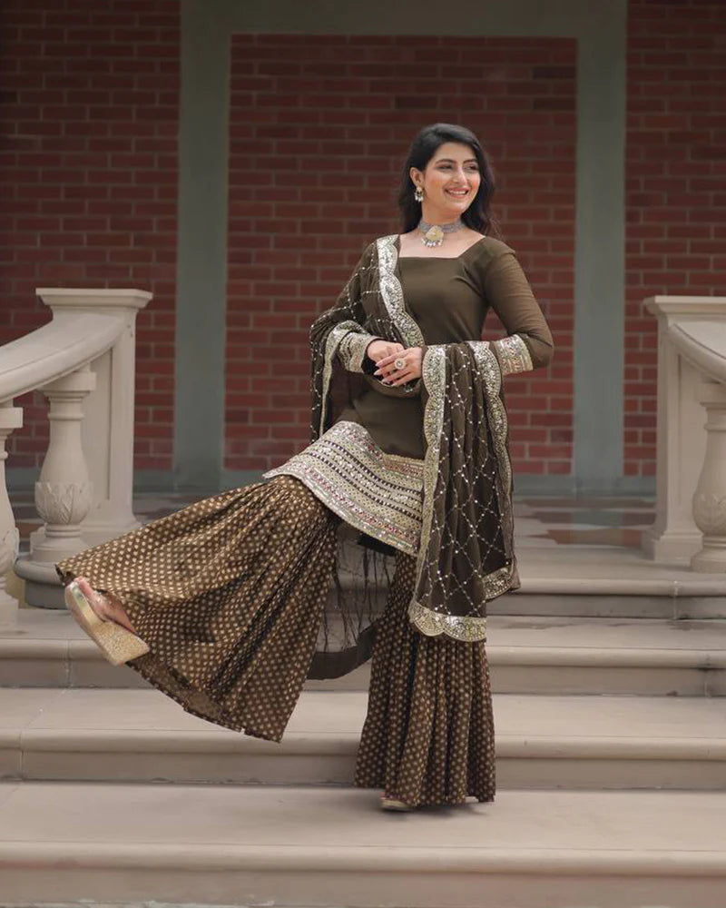 Womenline Mehndi Color Georgette And Jacquard Sharara Suit