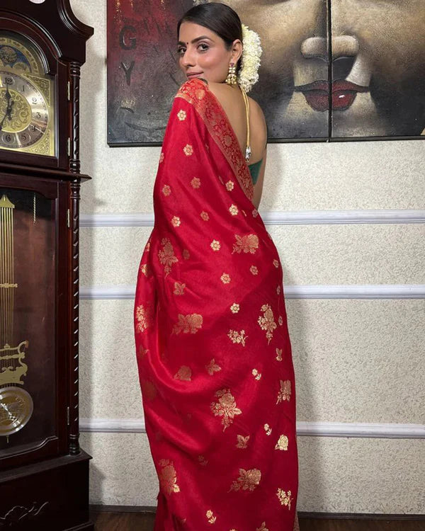 Womenline Red Color Big Flower Design Banarasi Soft Silk Saree