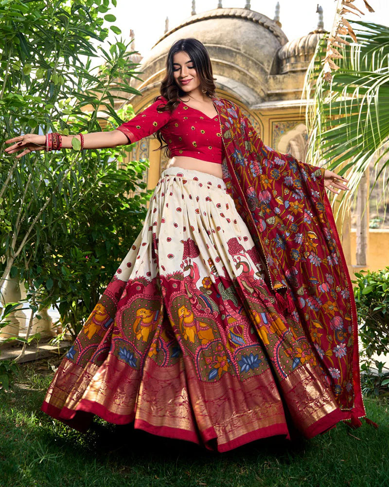 Womenline Off-White Color Tussar Silk Kalamkari Printed Navratri Lehenga Choli
