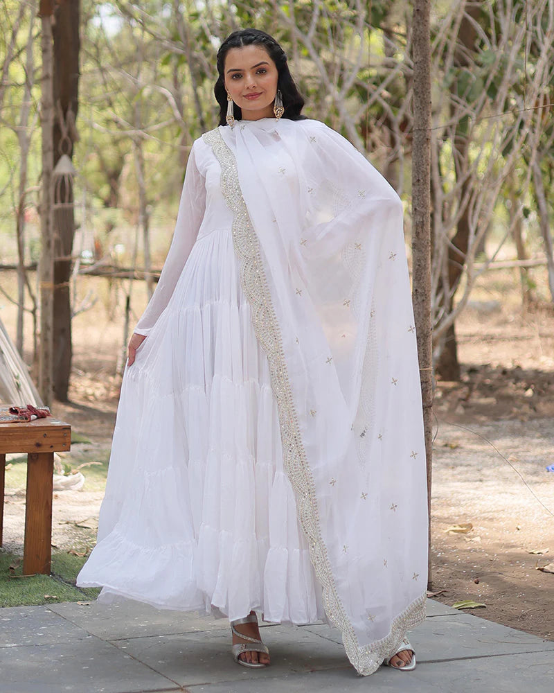 Womenline White Color Designer Embroidered Gown With Dupatta