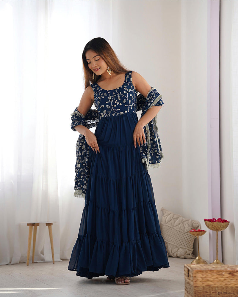 Womenline Rama Color Georgette Five Layer Ruffle Style Anarkali Suit