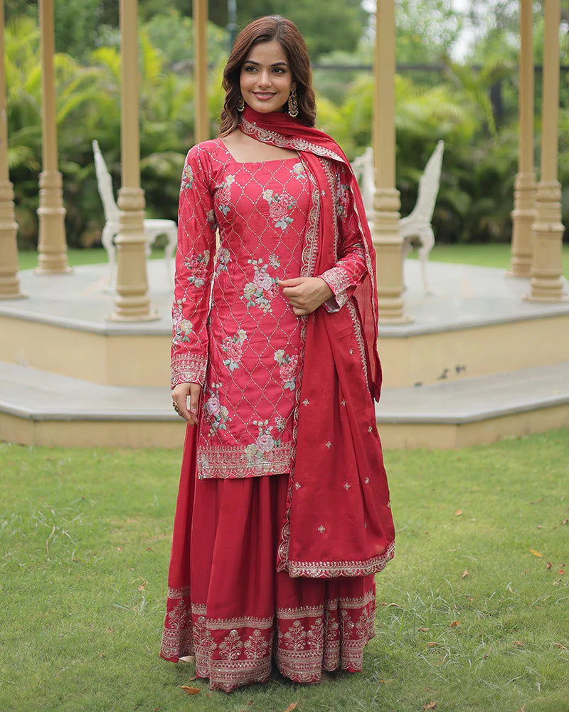 Womenline Rani Pink Color Chinnon Printed Plazzo Suit