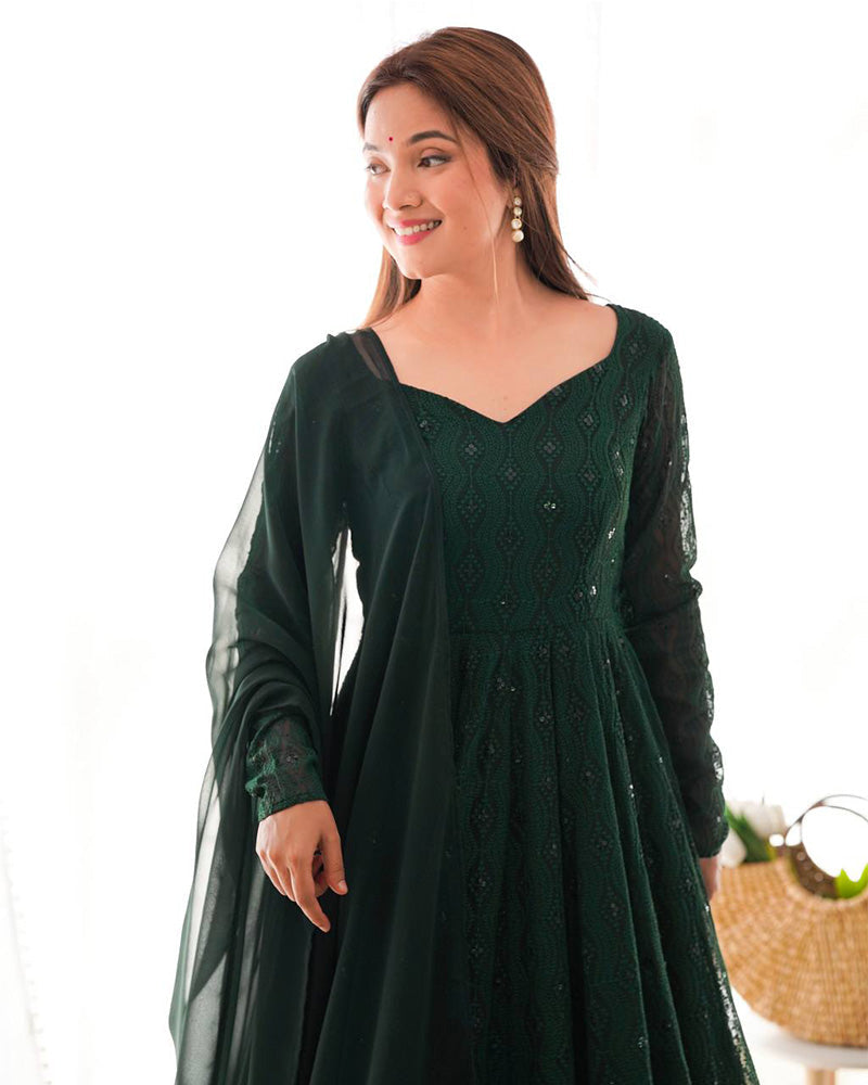 Womenline Green Color Georgette Lucknowi Three Piece Anarkali Suit
