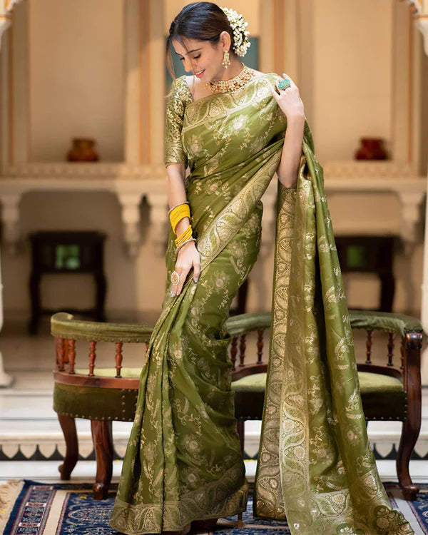 Womenline Mehndi Color Banarasi Jacquard Zari Weaving Saree
