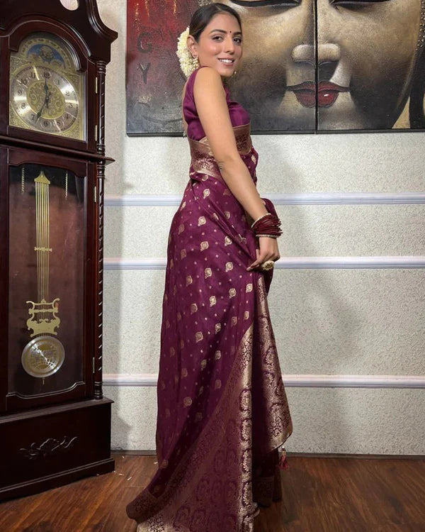 Womenline Wine Color Small Butti Design Banarasi Soft Silk Saree
