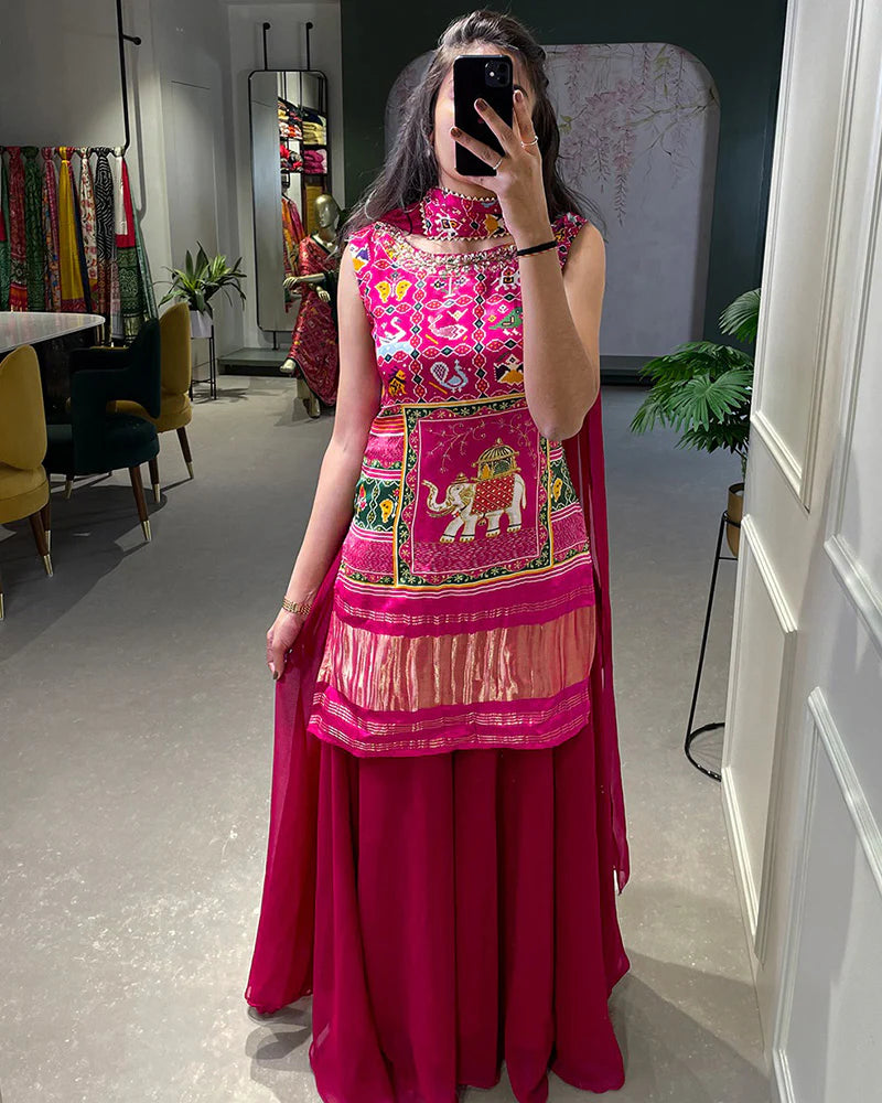 Womenline Rani Pink Color Gaji Silk Three Piece Sharara Suit