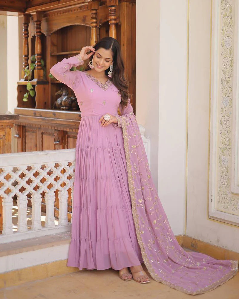 Womenline Laveneder Color Faux Georgette Designer Anarkali Gown With Dupatta