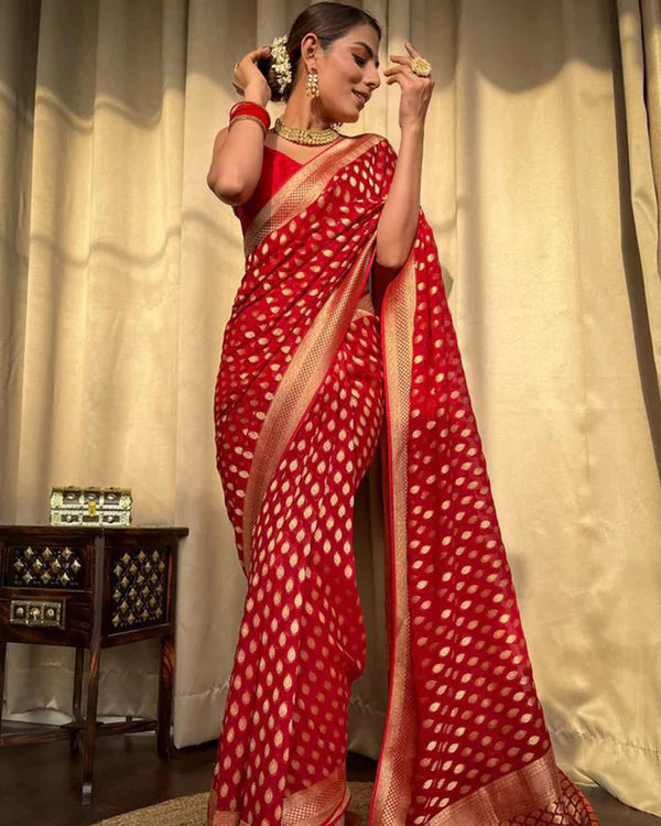Womenline Beautiful Red Color Banarasi Jacquard Weaving Saree