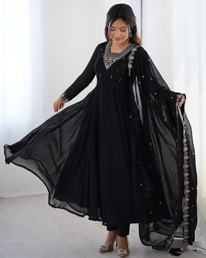 Womenline Black Color Georgette Embroidered Three Piece Anarkali Suit
