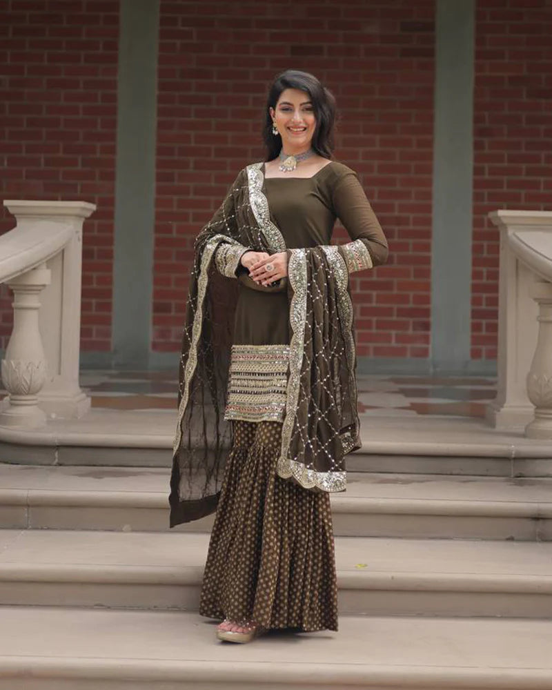 Womenline Mehndi Color Georgette And Jacquard Sharara Suit