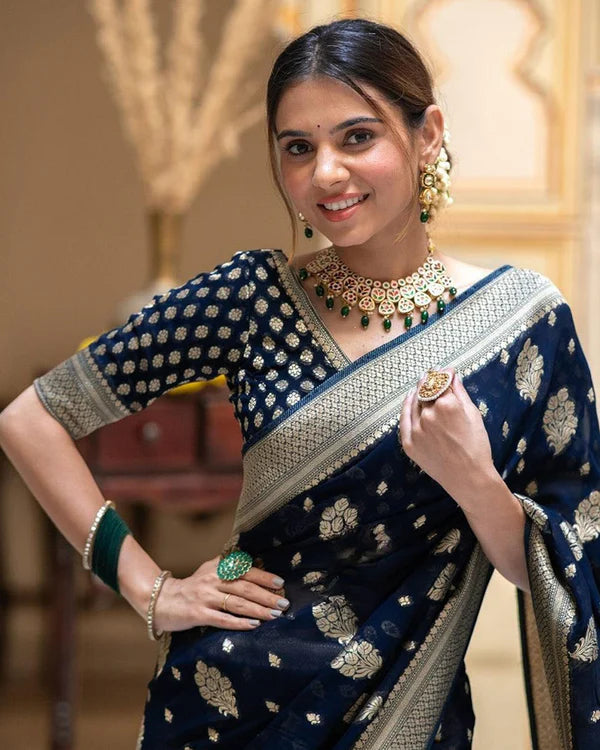 Womenline Navy Blue Color Banarasi All Over Jacquard Soft Silk Saree