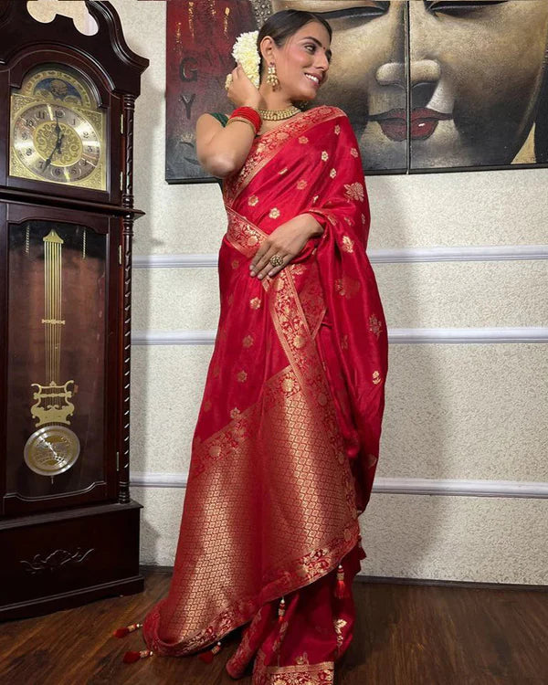 Womenline Red Color Big Flower Design Banarasi Soft Silk Saree
