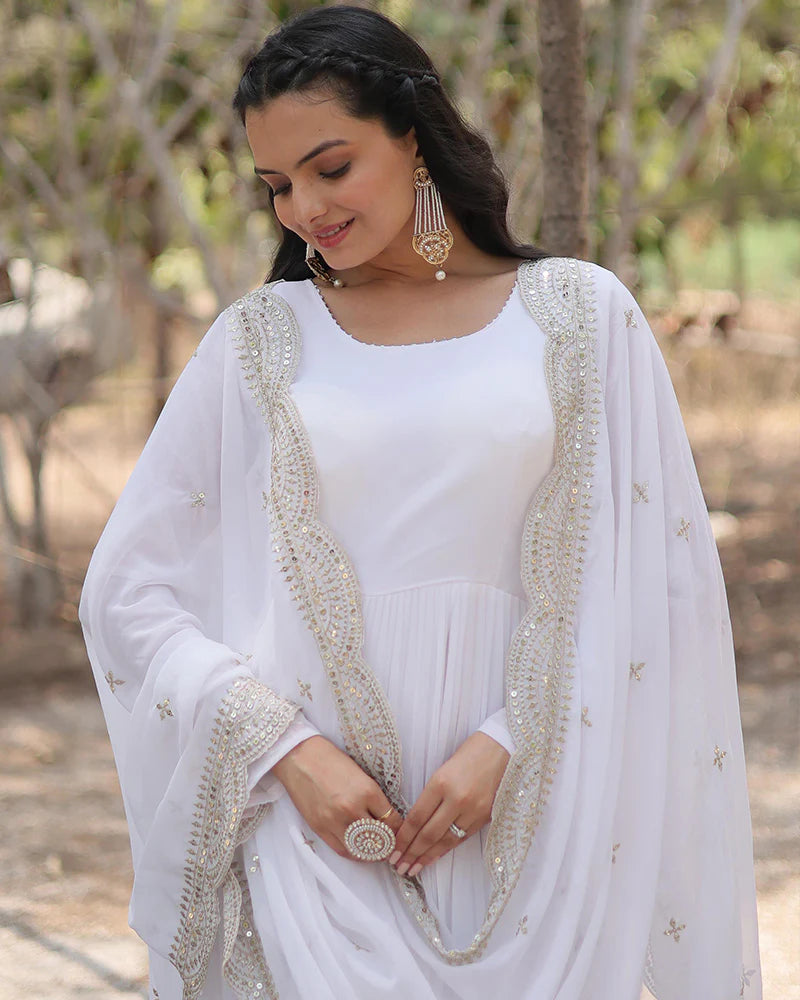 Womenline White Color Designer Embroidered Gown With Dupatta