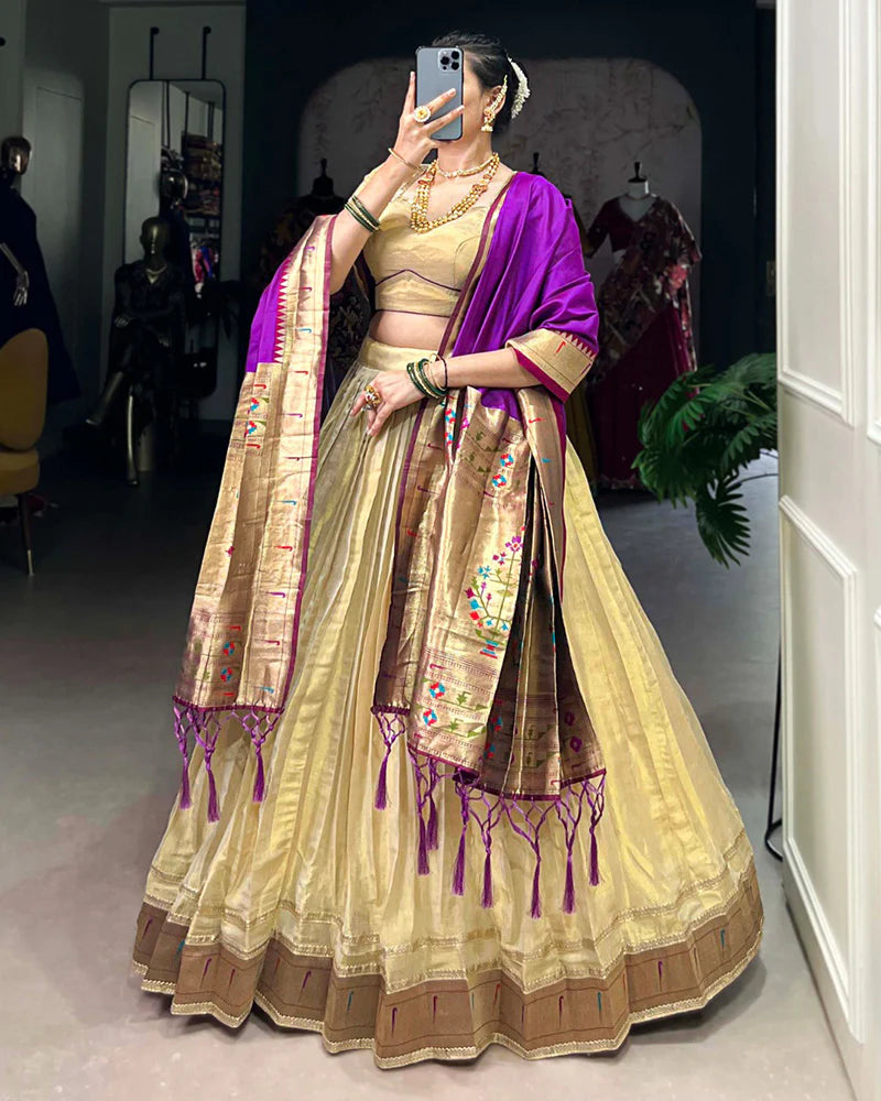 Womenline Cream Color Erode Paithani Silk Lehenga Choli
