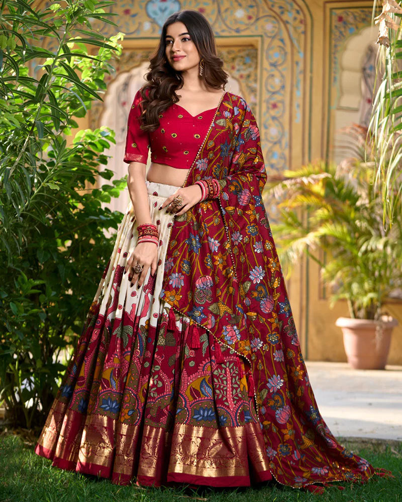 Womenline Off-White Color Tussar Silk Kalamkari Printed Navratri Lehenga Choli