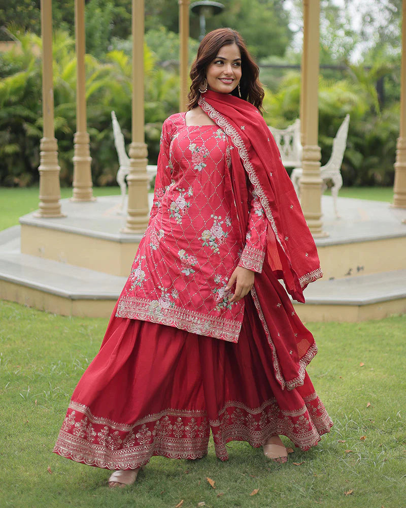 Womenline Rani Pink Color Chinnon Printed Plazzo Suit