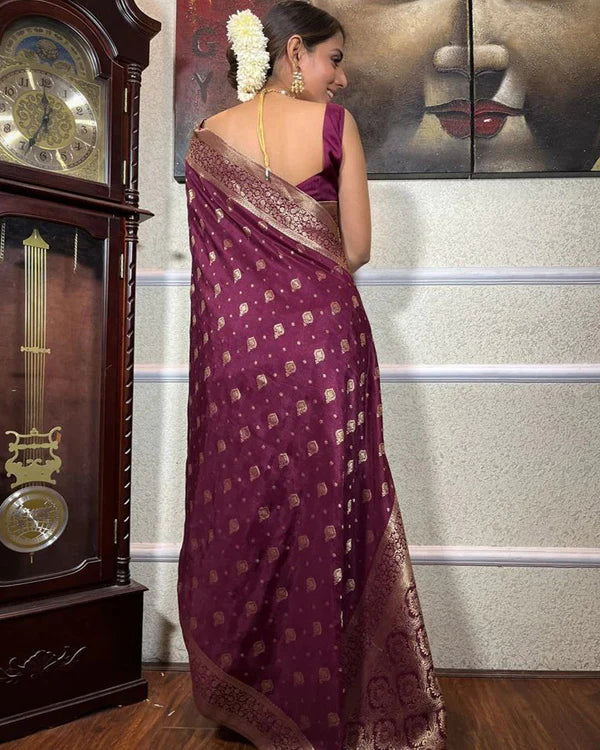 Womenline Wine Color Small Butti Design Banarasi Soft Silk Saree