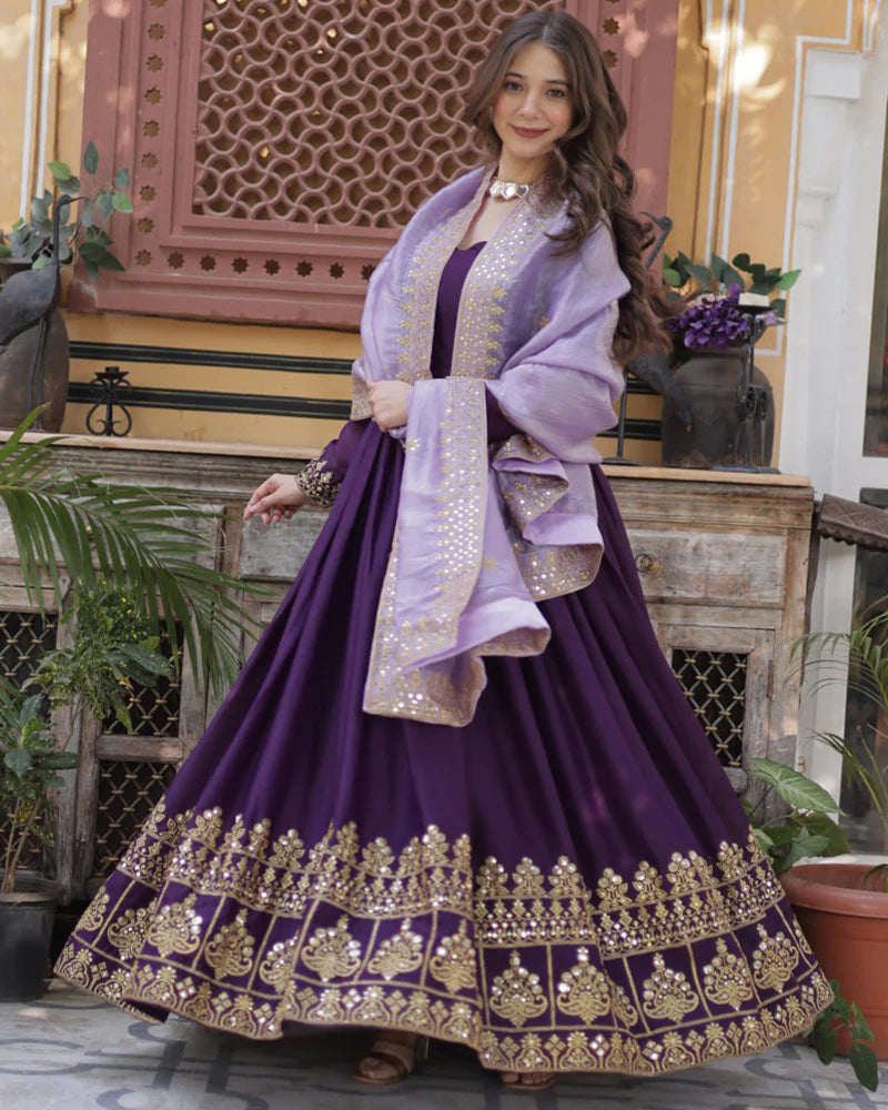 Womenline Wine Color Star Georgette Sequence Embroidered Gown
