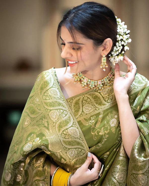 Womenline Mehndi Color Banarasi Jacquard Zari Weaving Saree