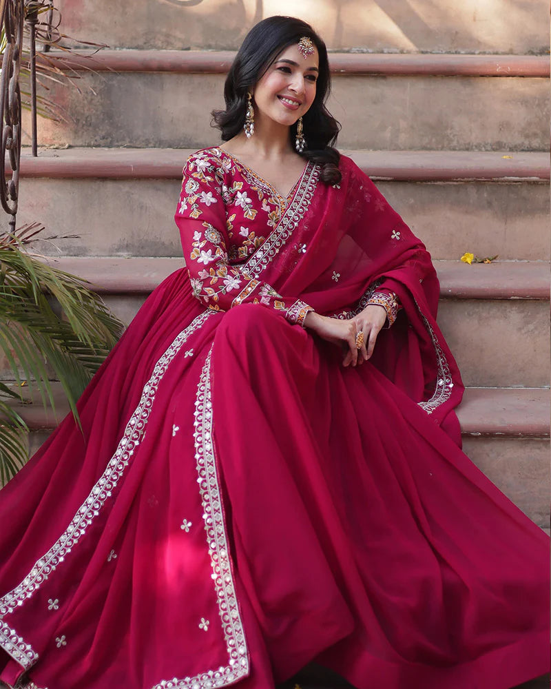 Womenline Rani Pink Color Faux Blooming Zari Embroidered Work Gown