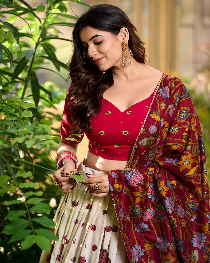 Womenline Off-White Color Tussar Silk Kalamkari Printed Navratri Lehenga Choli
