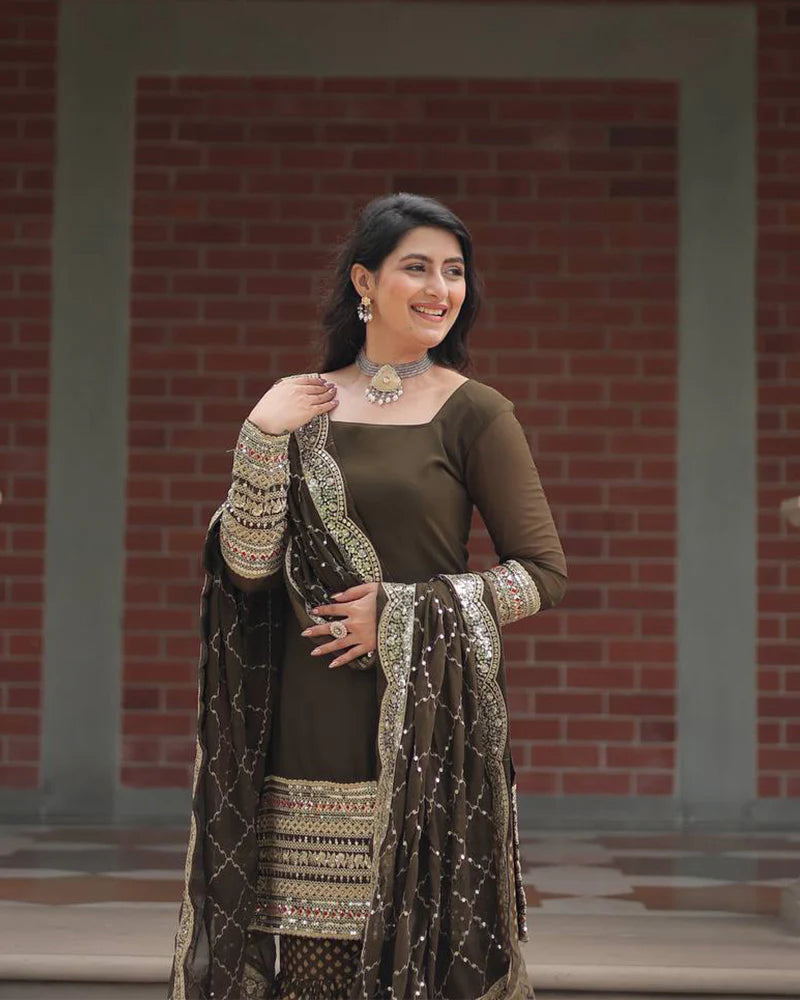 Womenline Mehndi Color Georgette And Jacquard Sharara Suit