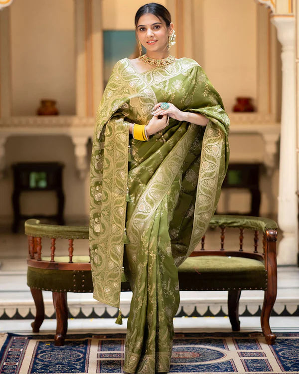Womenline Mehndi Color Banarasi Jacquard Zari Weaving Saree