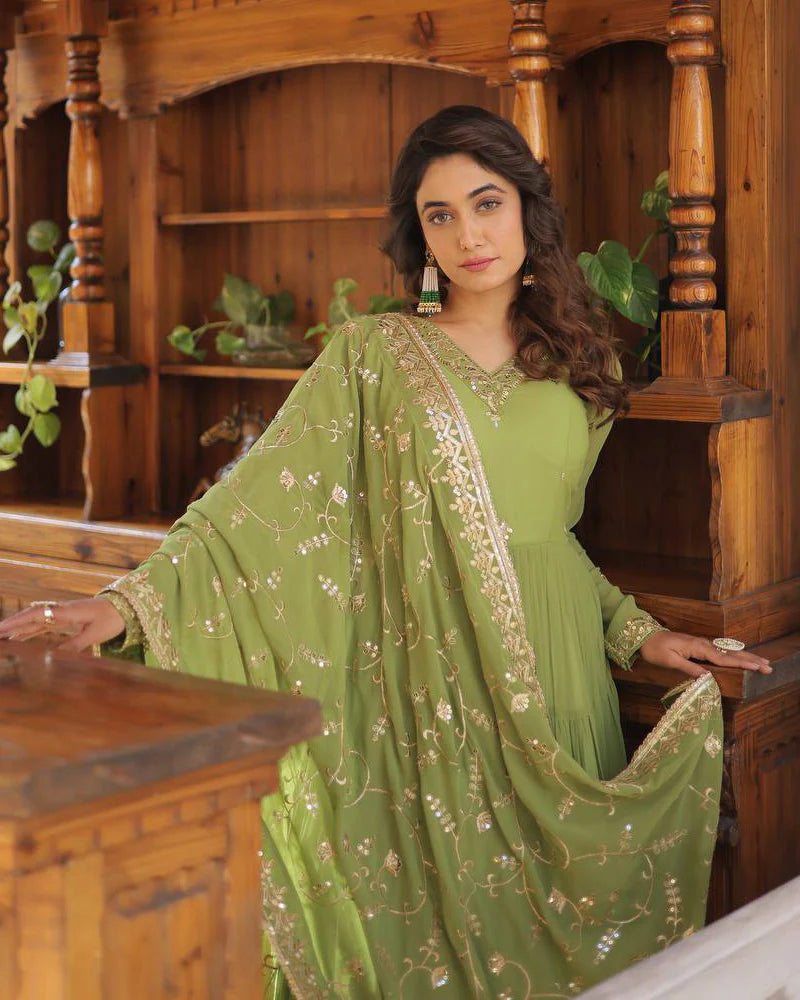 Womenline Parrot Green Color Faux Georgette Designer Anarkali Gown With Dupatta