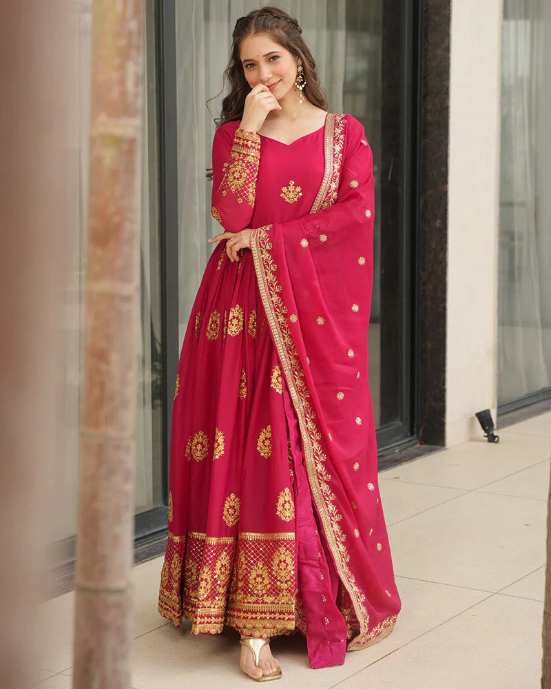 Womenline Rani Pink Color Star Georgette Sequence Embroidered Gown