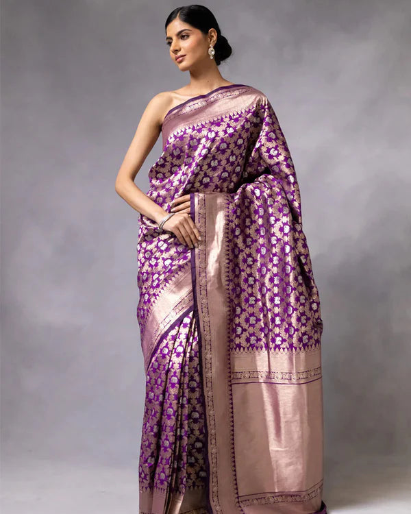Womenline Purple Color Banarasi Jacquard Soft Silk Saree