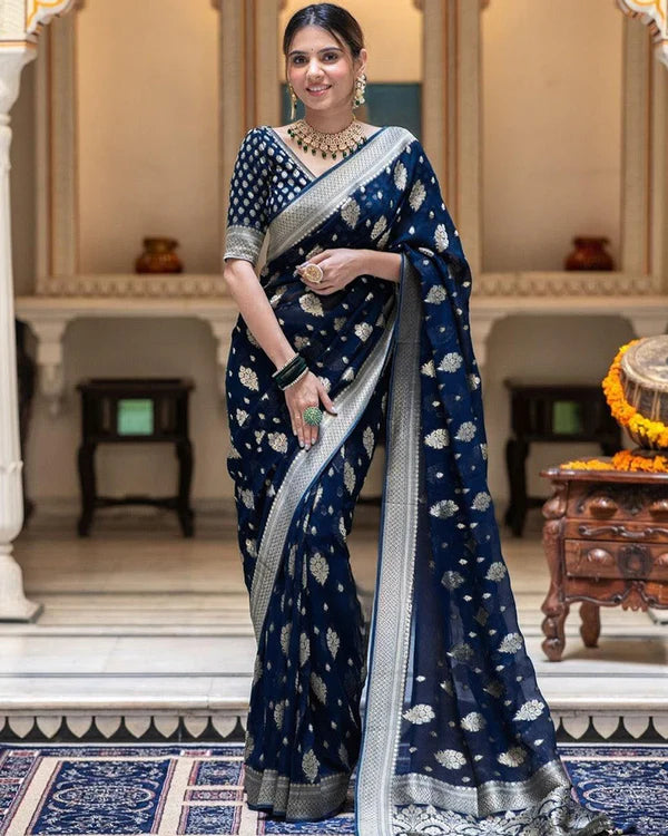 Womenline Navy Blue Color Banarasi All Over Jacquard Soft Silk Saree