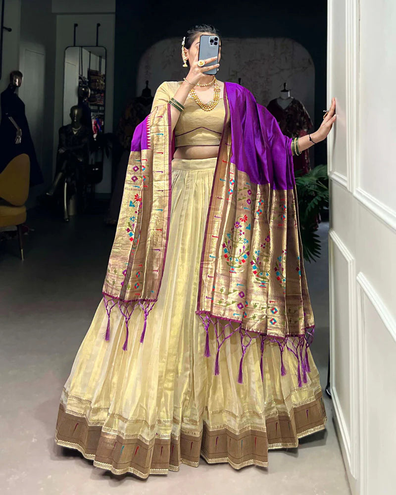 Womenline Cream Color Erode Paithani Silk Lehenga Choli