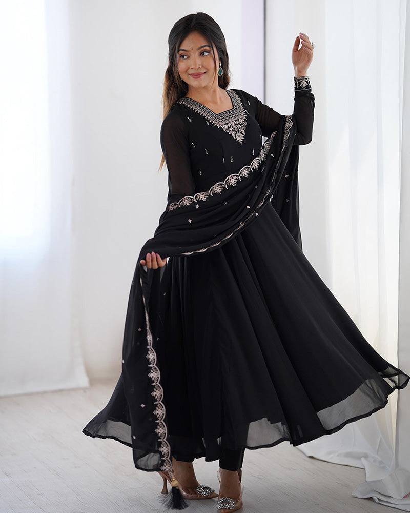 Womenline Black Color Georgette Embroidered Three Piece Anarkali Suit