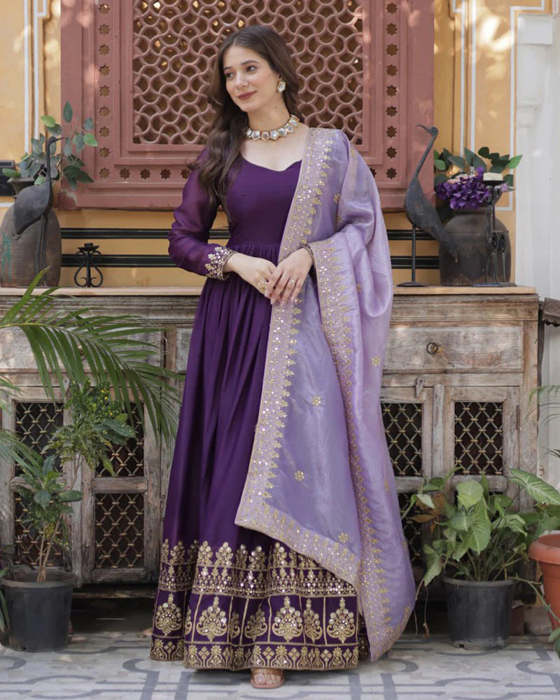 Womenline Wine Color Star Georgette Sequence Embroidered Gown