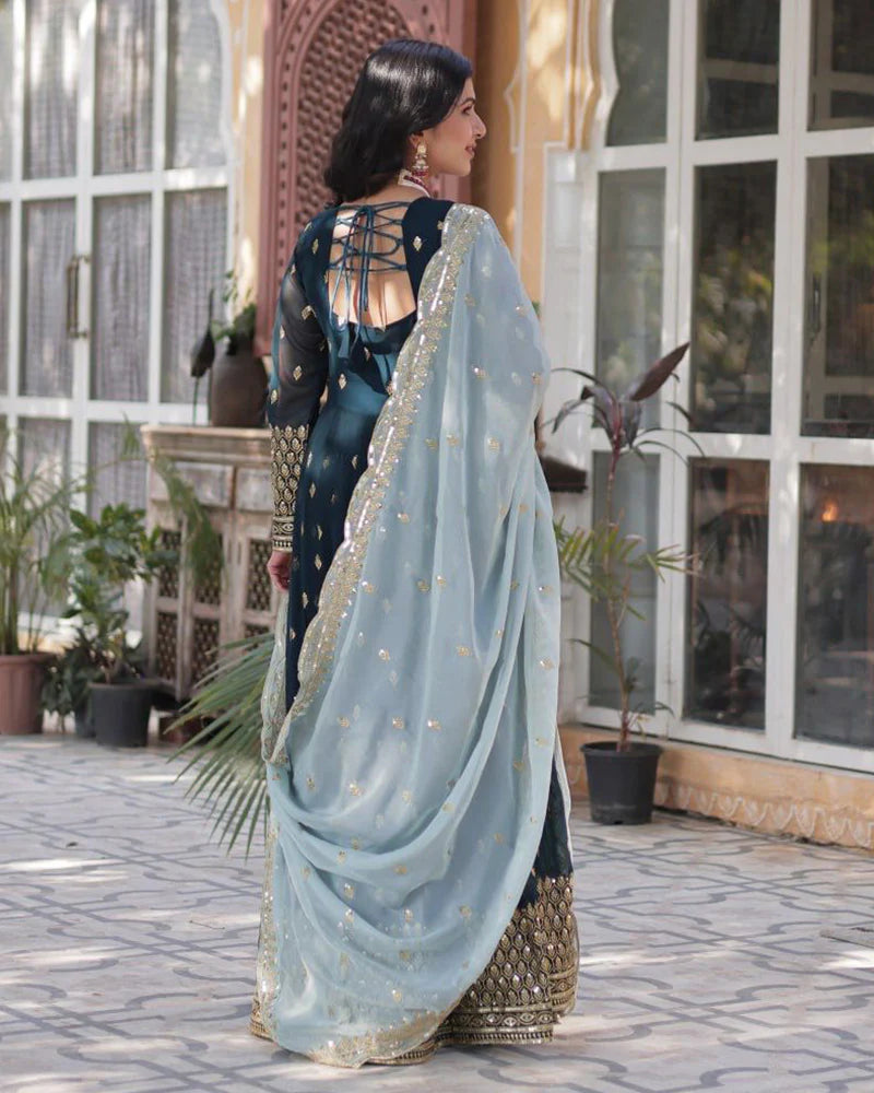 Womenline Viking Blue Color Faux Blooming Zari Embroidered Work Gown