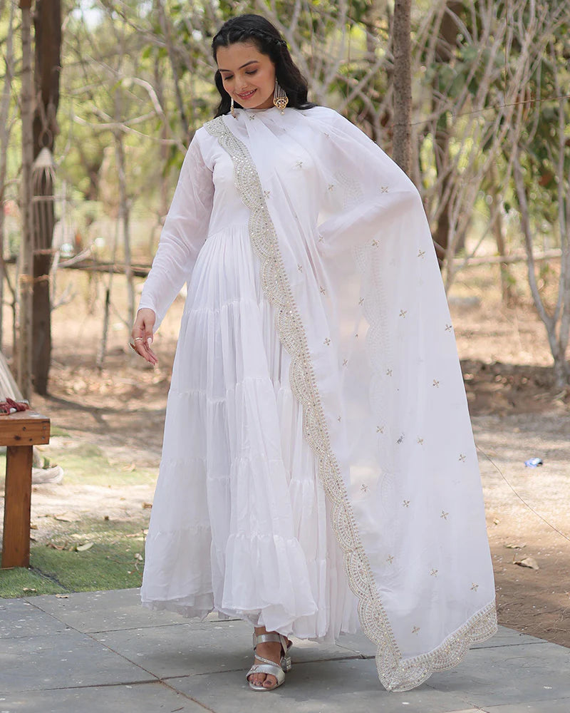 Womenline White Color Designer Embroidered Gown With Dupatta