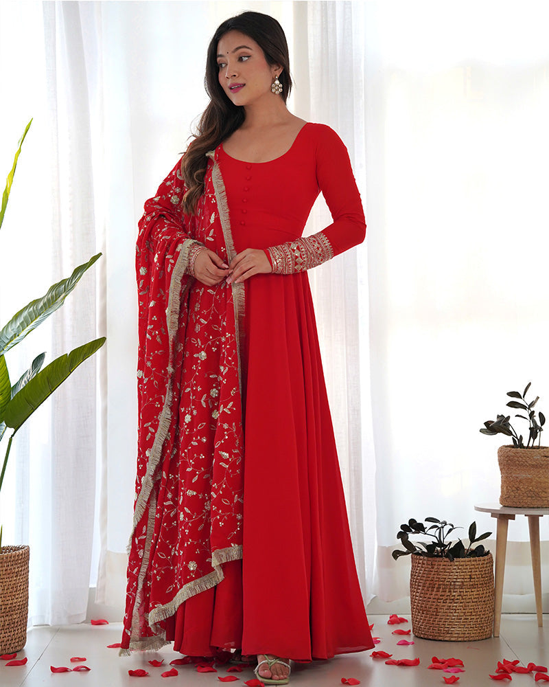 Womenline Red Color Soft Georgette Anarkali Gown With Heavy Embroidery Work Dupatta