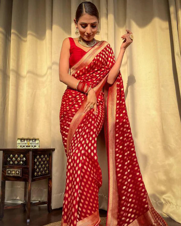 Womenline Beautiful Red Color Banarasi Jacquard Weaving Saree