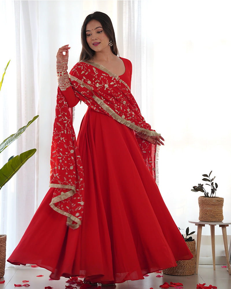 Womenline Red Color Soft Georgette Anarkali Gown With Heavy Embroidery Work Dupatta