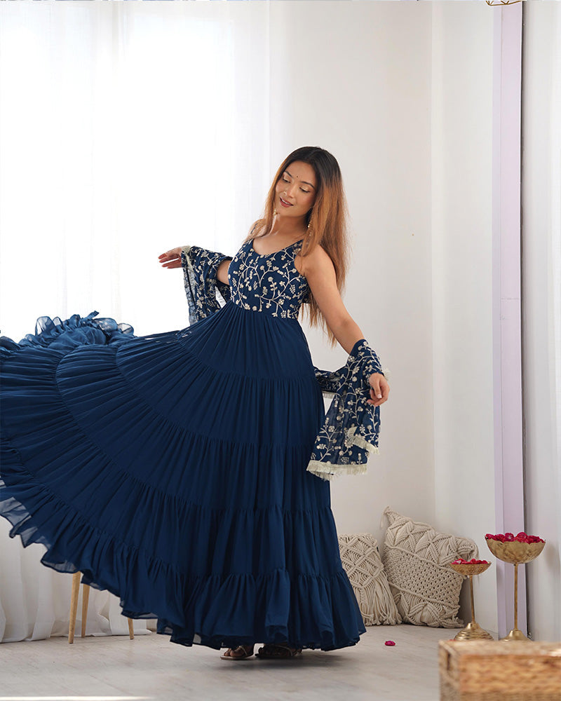 Womenline Rama Color Georgette Five Layer Ruffle Style Anarkali Suit