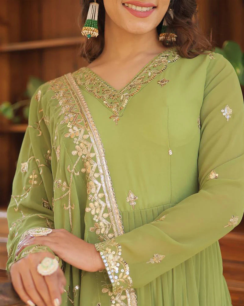 Womenline Parrot Green Color Faux Georgette Designer Anarkali Gown With Dupatta