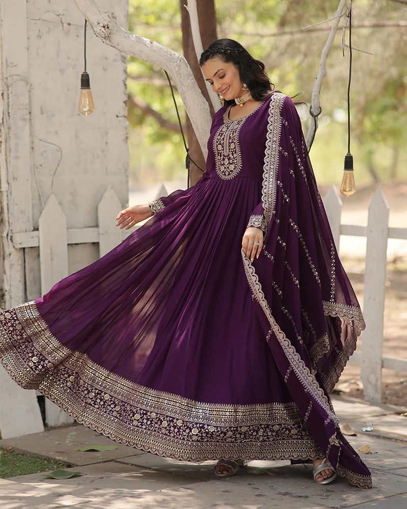 Womenline Purple Color Faux Blooming Rich Sequence Embroidered Gown